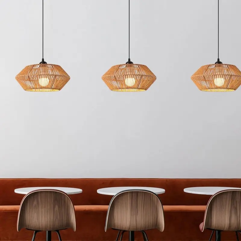Geometric Lamp Shade - Luminária Pendente Boho de Rattan Trançado,